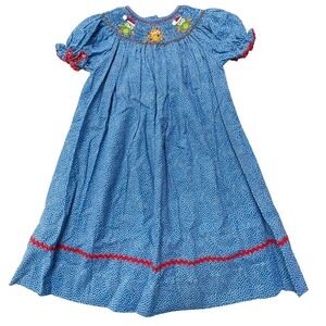 This & That Kids Smocked Owl Christmas Dress Blue White Polka Dot Red Trim 3T